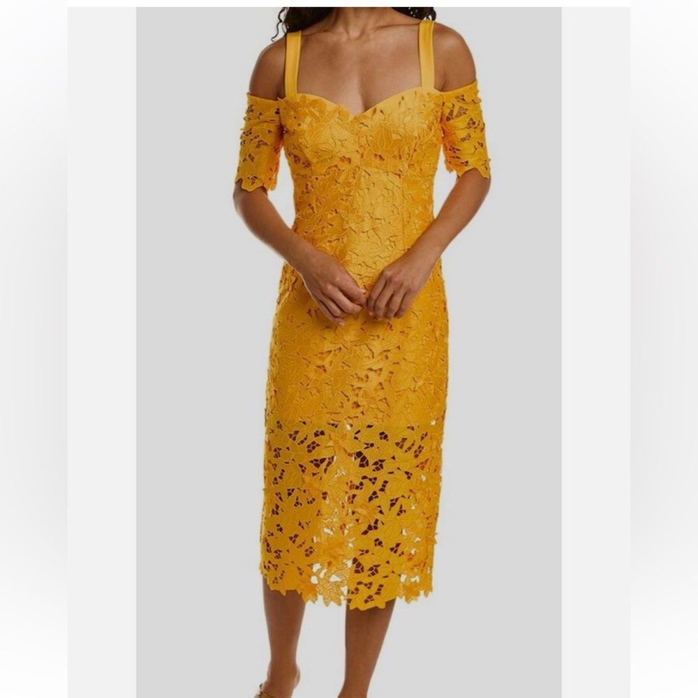 $650 Zac Posen Women's Yellow 3D Guipure Lace Midi Dress Size 12